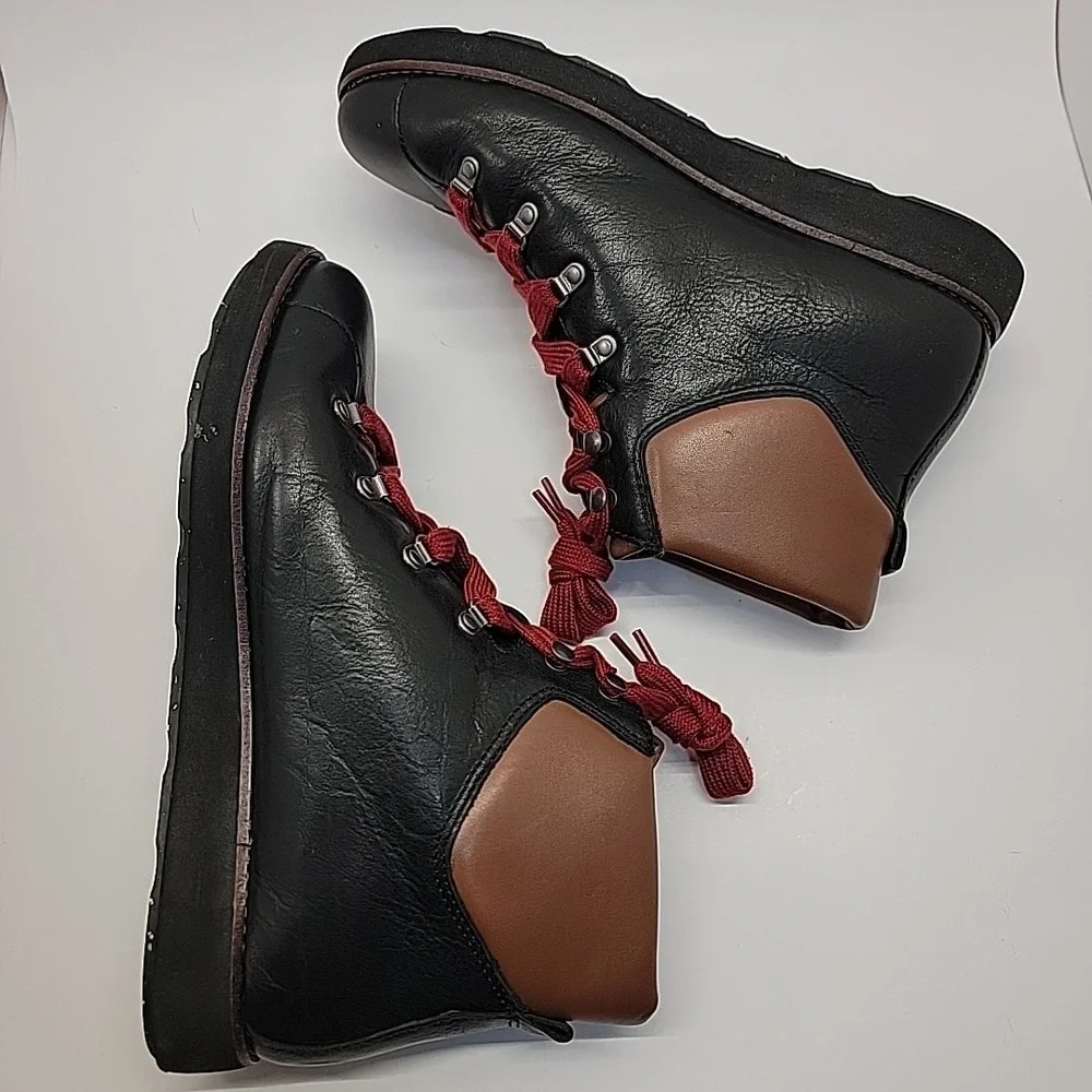 BIONICA Natick Ankle Boots Women 10M Hiking LaceUp Black Brown Leather Red Laces